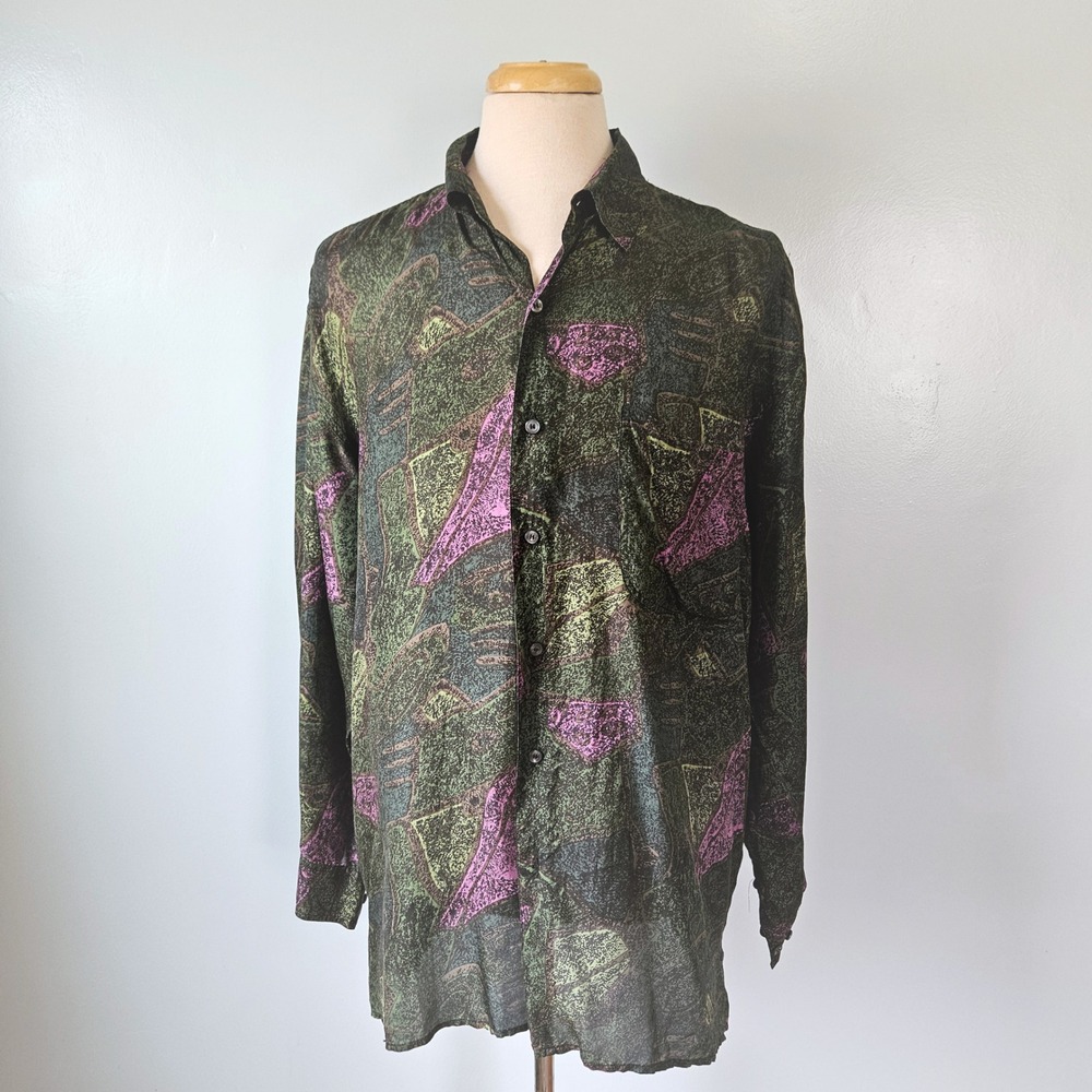 Robert Stock Vtg 90s XL Silk Button Down Shirt Abstract Geometric Green Purple